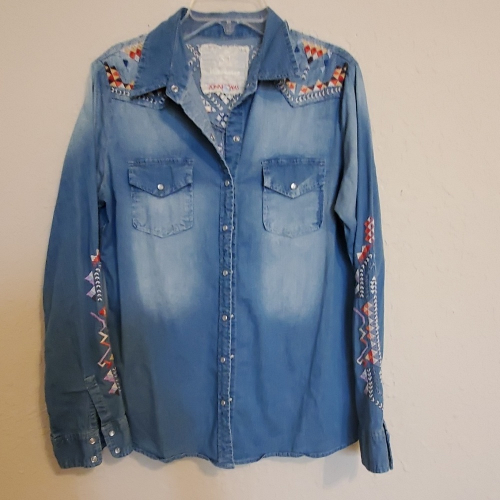 Hand stich blue jean top, stretchy